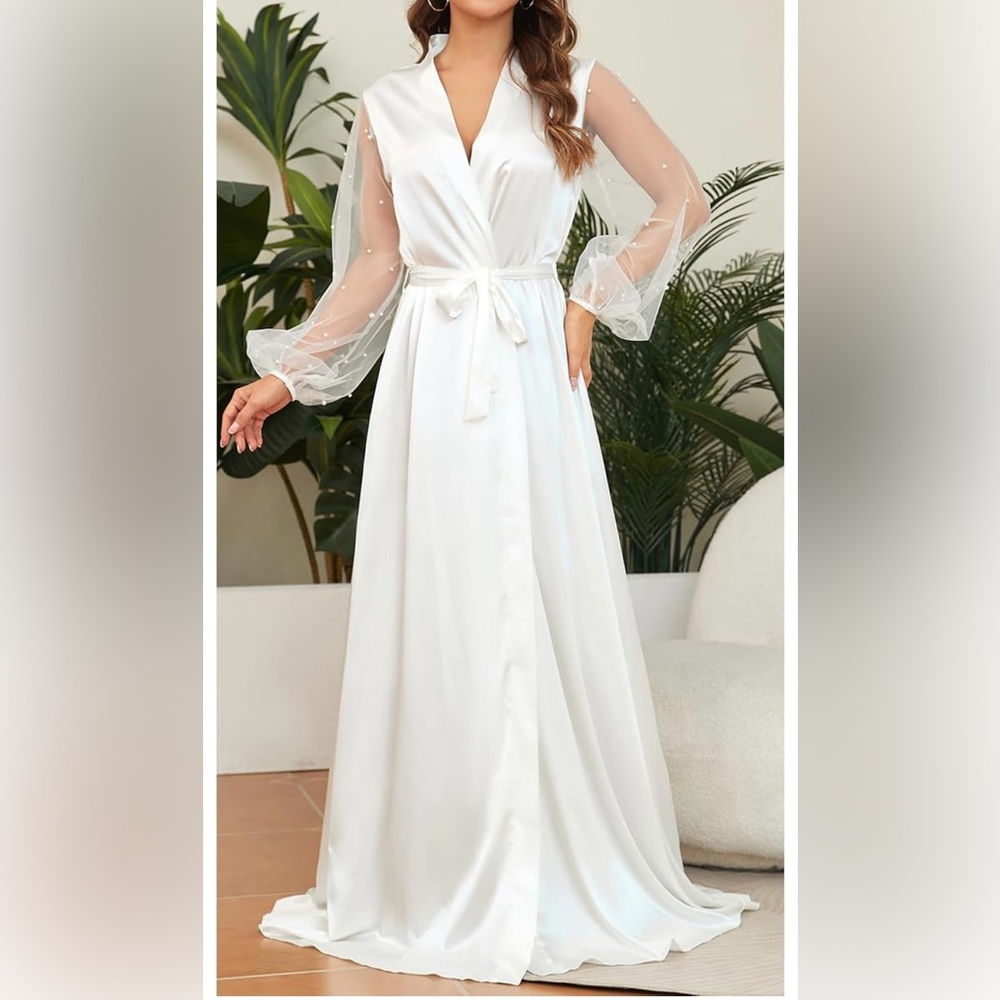 Long Sleeve Bridal Robes White Satin Bride Robe Nightwear Floor Length Gown